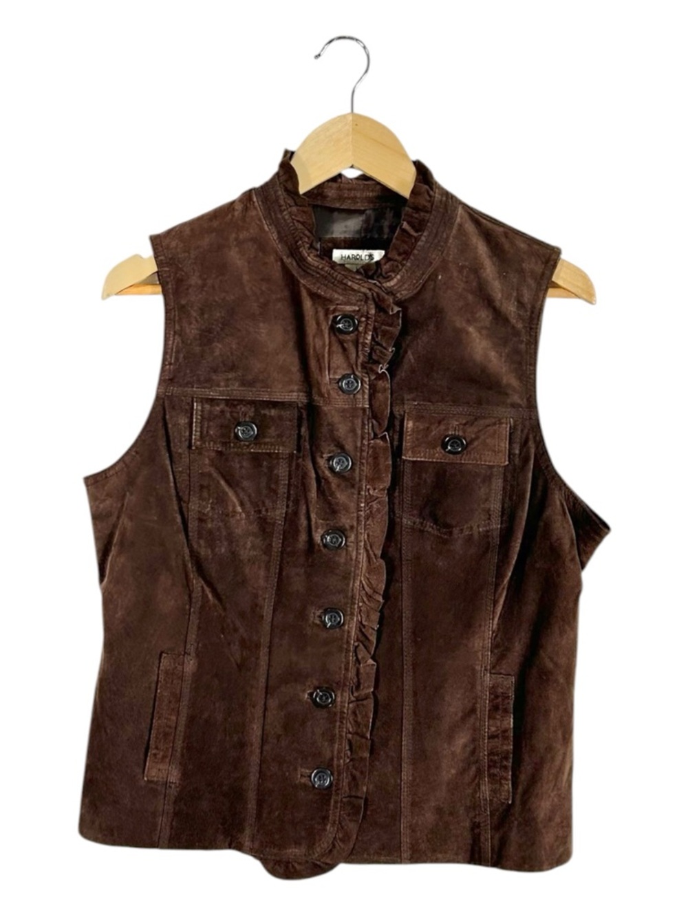 Harold’s Vintage Brown Leather Ruffle Trim Sleeveless Jacket Size Large